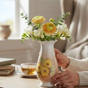 Charming Vintage Bud Vase with Yellow Poppies and Ruffled Edge in MCM Style